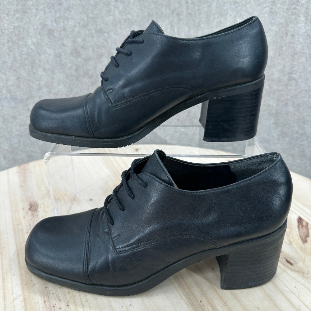 Nine West Kaplan Oxford Heels 7 Black Leather Lace Up Block Heel Witchy Cap Toe